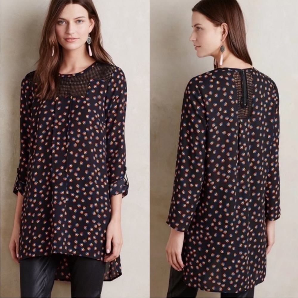 Meadow Rue Anthropologie Darney Black Printed Crochet Tunic Top Blouse Size xs